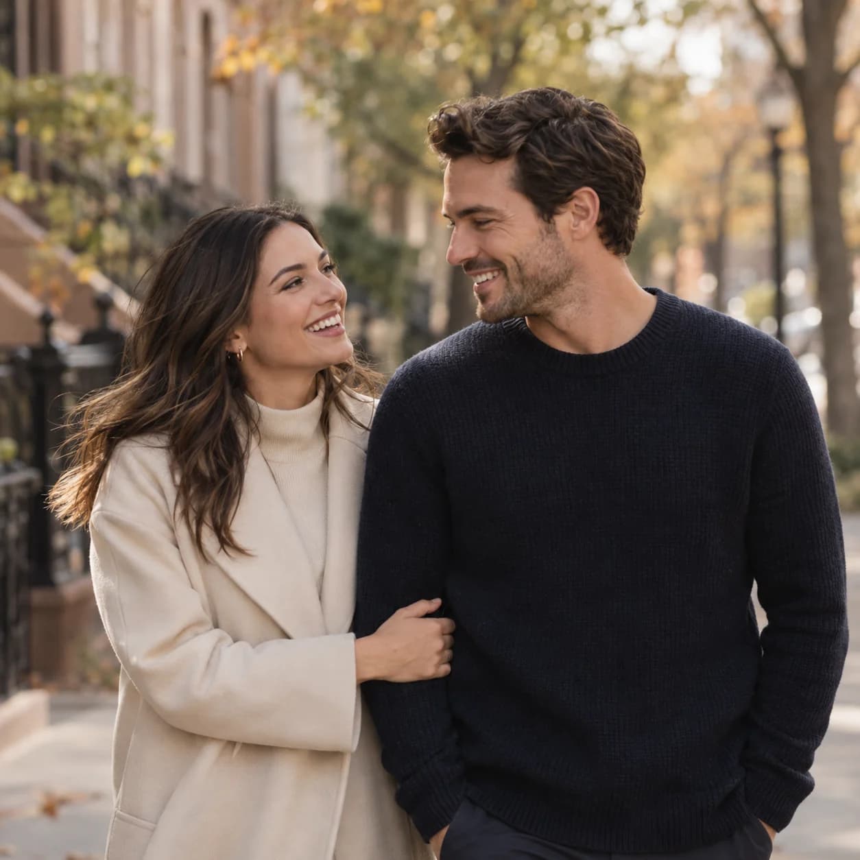 A couple sharing a smile on a walk together